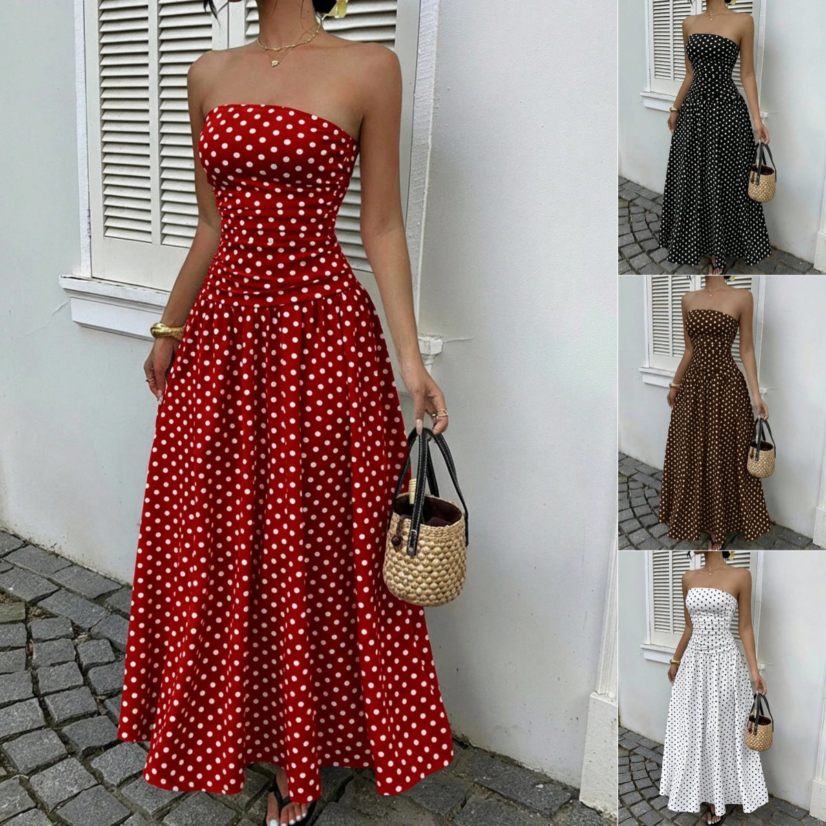 Élégante Polka-dot Robes hors-épaule Couleur unie Sans Bretelles Lady High-Wistat Party Business Beach Tenue de vacances