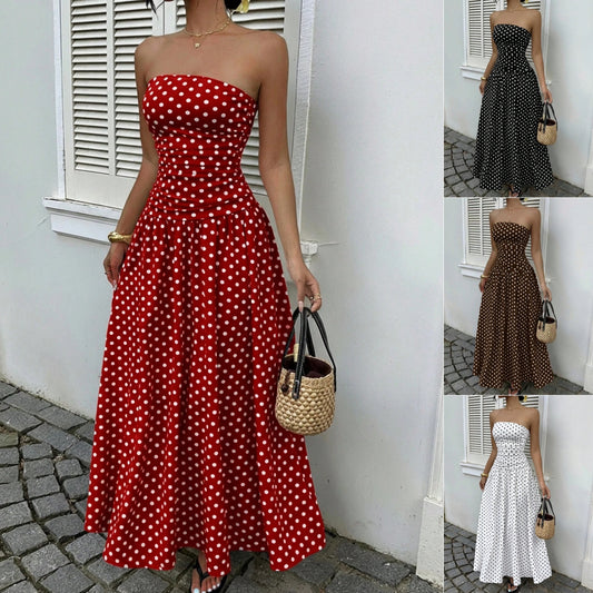 Élégante Polka-dot Robes hors-épaule Couleur unie Sans Bretelles Lady High-Wistat Party Business Beach Tenue de vacances