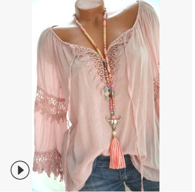 Chemise à manches longues en coton et lin, à dentelle, style asymétrique à une épaule.