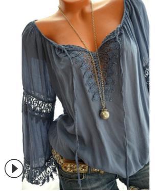 Chemise à manches longues en coton et lin, à dentelle, style asymétrique à une épaule.