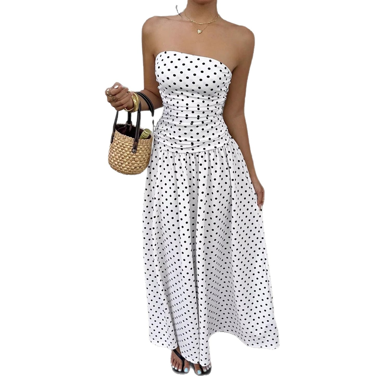 Élégante Polka-dot Robes hors-épaule Couleur unie Sans Bretelles Lady High-Wistat Party Business Beach Tenue de vacances