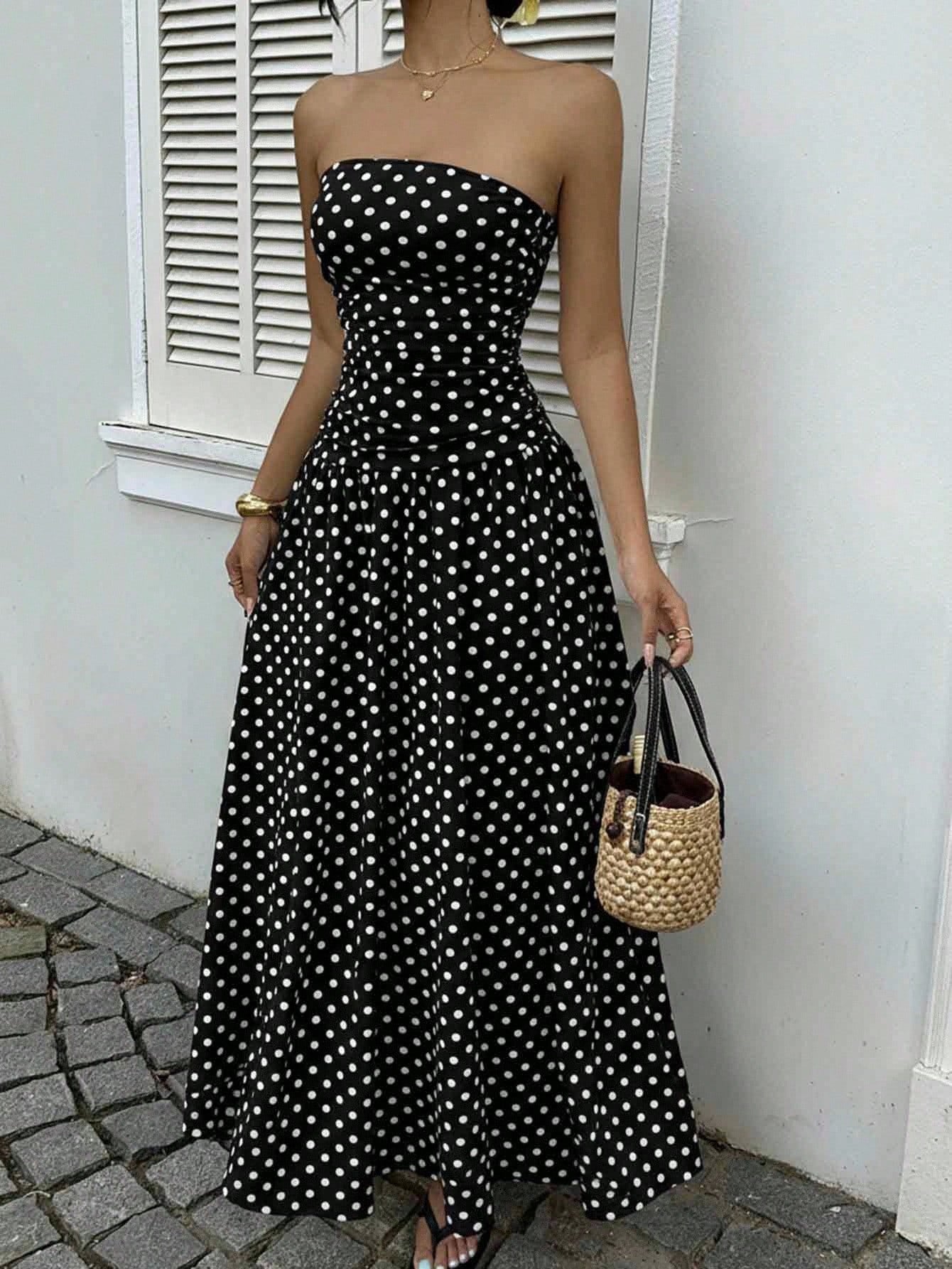 Élégante Polka-dot Robes hors-épaule Couleur unie Sans Bretelles Lady High-Wistat Party Business Beach Tenue de vacances