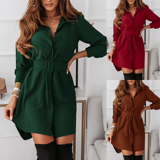 Robe Chemise Femme Élégante – Manches Longues à Revers & Ceinture Boutonnée