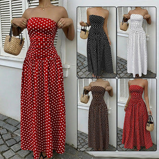 Élégante Polka-dot Robes hors-épaule Couleur unie Sans Bretelles Lady High-Wistat Party Business Beach Tenue de vacances