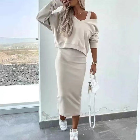 Robe à deux pièces pour femme Costume Mode à manches longues à manches longues Pull-shirt à col en V et robes sans manches Set