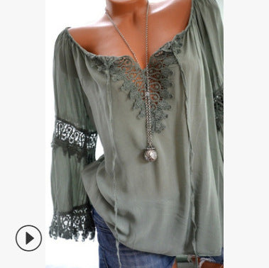 Chemise à manches longues en coton et lin, à dentelle, style asymétrique à une épaule.