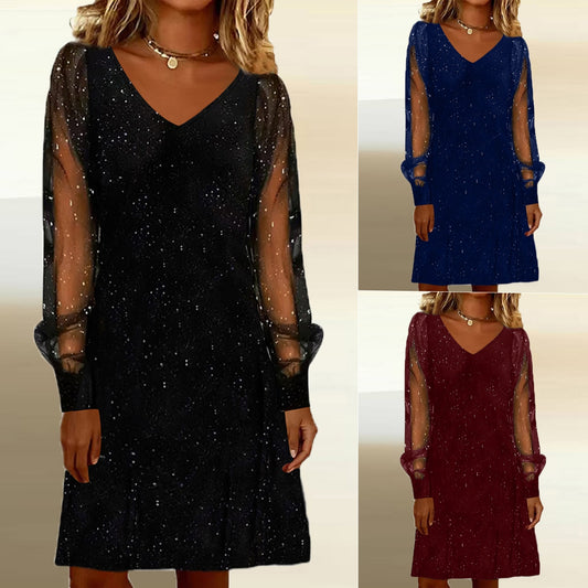 Robe Femme Élégante – V Col & Maille Brillante