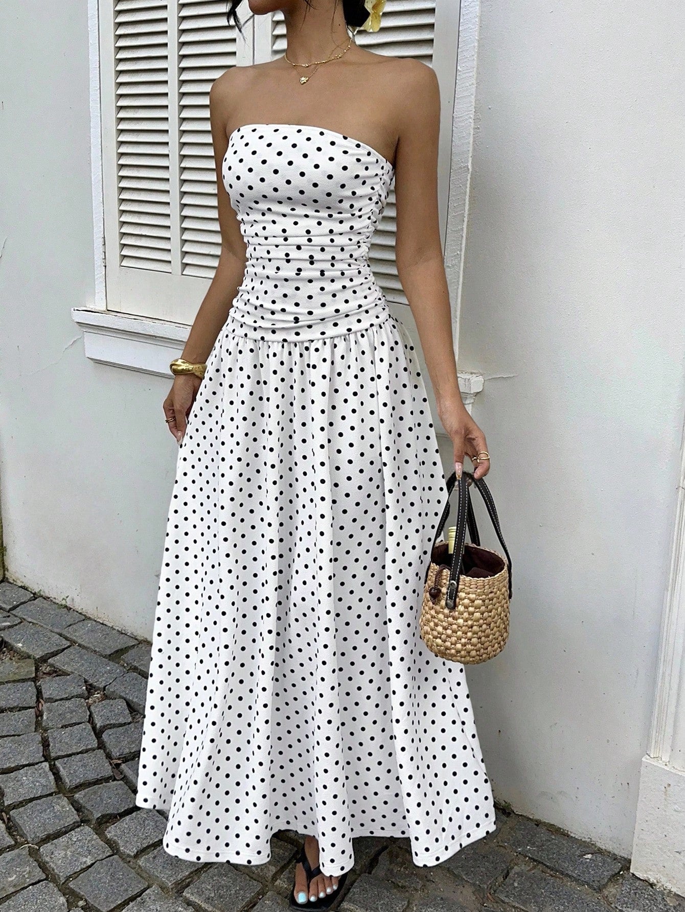 Élégante Polka-dot Robes hors-épaule Couleur unie Sans Bretelles Lady High-Wistat Party Business Beach Tenue de vacances