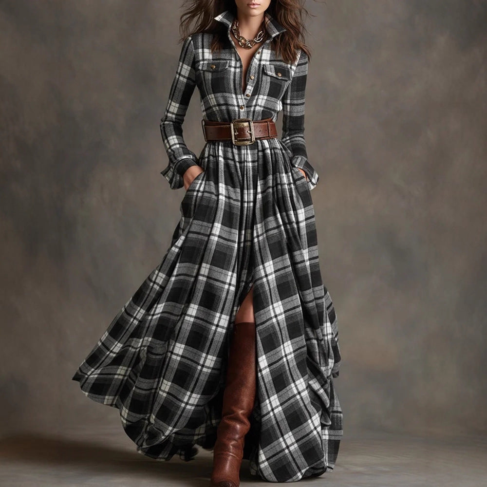 Large Size Women's Clothing French Retro Grid Slim Irregular Dress
