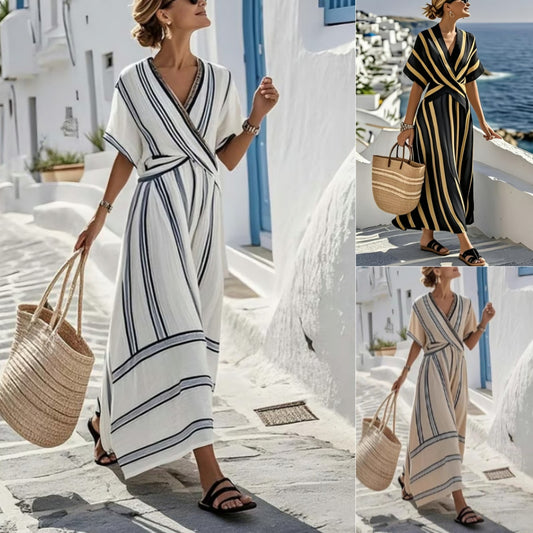 Robe Longue Femme Été À Manches Courtes V Robes À Col Robe Boho Beach Plissée A-Line Casual Loose Retro Striped Print Holiday Dress