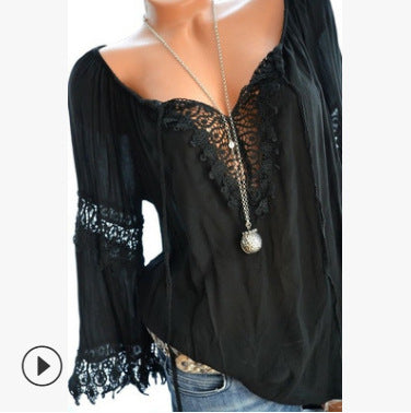 Chemise à manches longues en coton et lin, à dentelle, style asymétrique à une épaule.