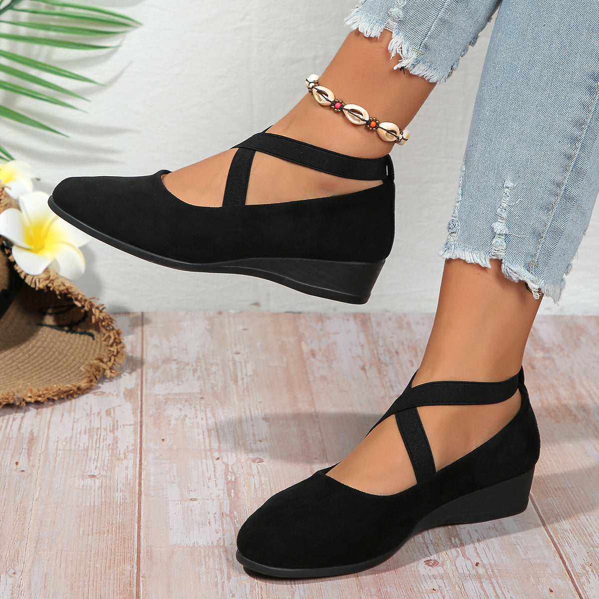 Chaussures compensées pour femme à bout pointu, mode, à brides croisées, ballerines plates décontractées.
