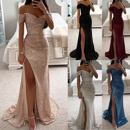 Robe Femme Paillettes – Col V & Fente, Style Décontracté