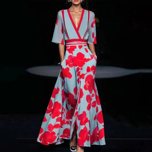 Robe longue florale à col en V avec fente et ceinture pour femmes - Robe A-line à manches courtes pour soirées et plage