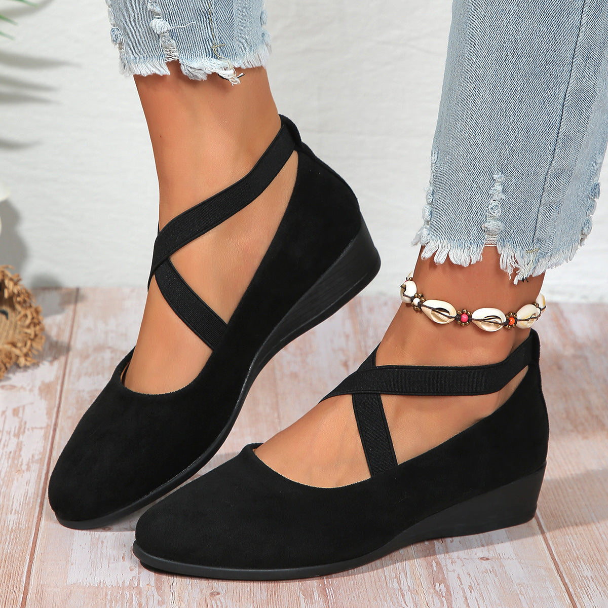 Chaussures compensées pour femme à bout pointu, mode, à brides croisées, ballerines plates décontractées.