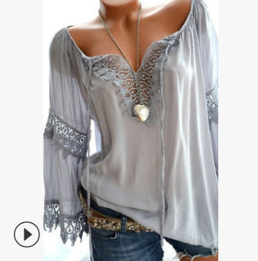 Chemise à manches longues en coton et lin, à dentelle, style asymétrique à une épaule.