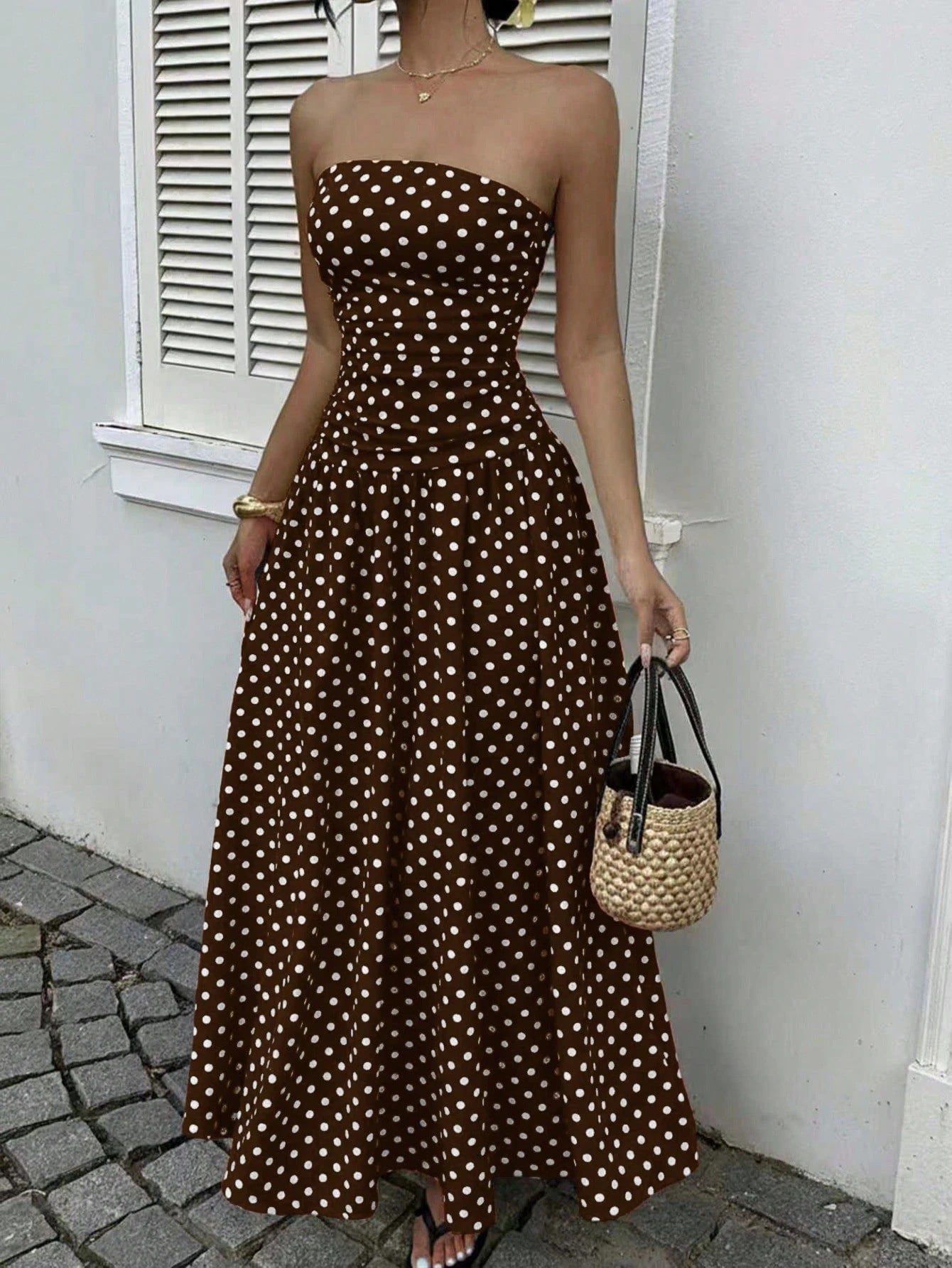 Élégante Polka-dot Robes hors-épaule Couleur unie Sans Bretelles Lady High-Wistat Party Business Beach Tenue de vacances