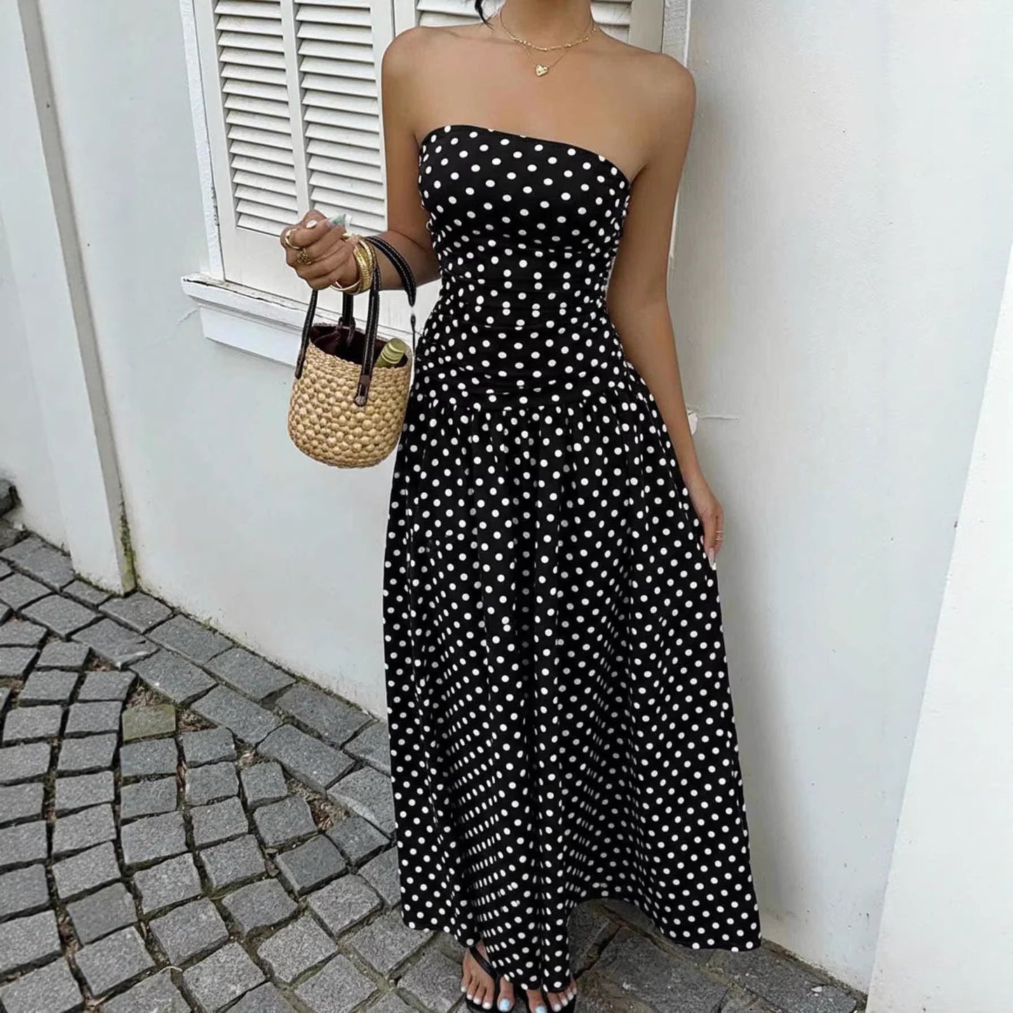 Élégante Polka-dot Robes hors-épaule Couleur unie Sans Bretelles Lady High-Wistat Party Business Beach Tenue de vacances