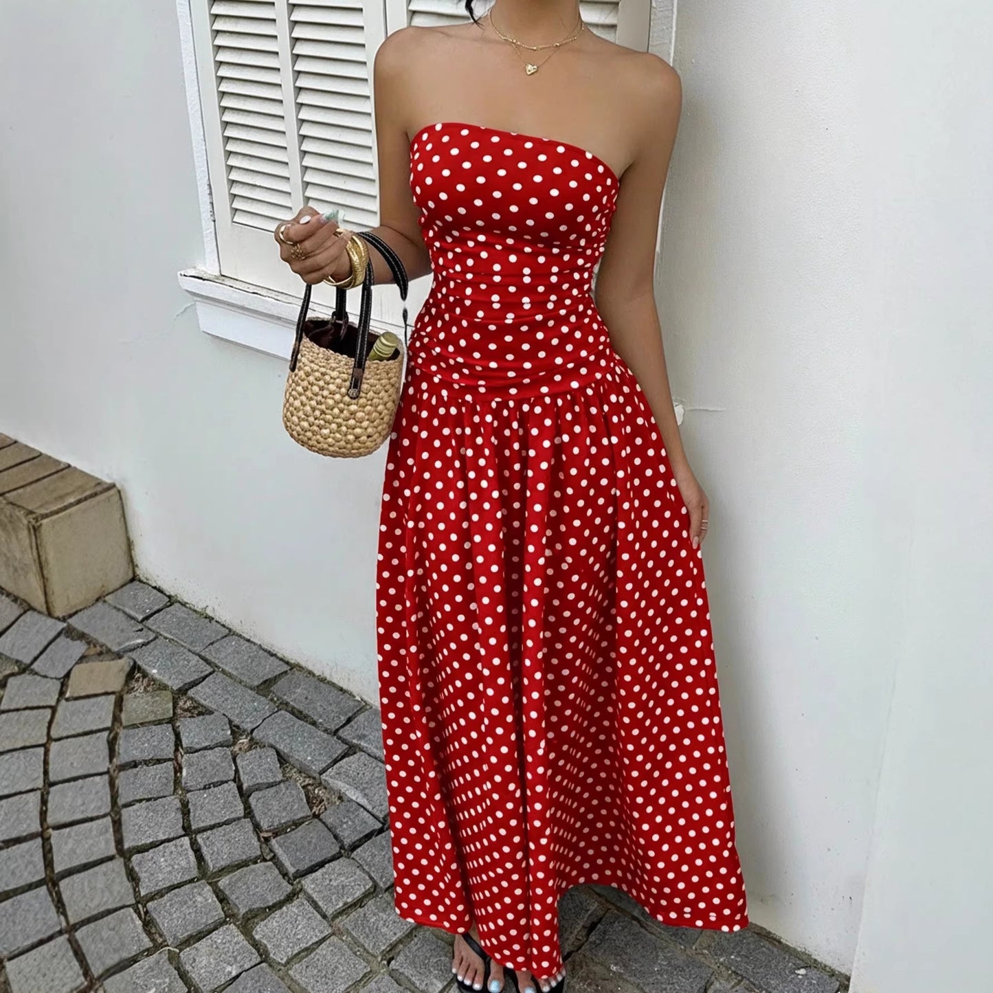 Élégante Polka-dot Robes hors-épaule Couleur unie Sans Bretelles Lady High-Wistat Party Business Beach Tenue de vacances