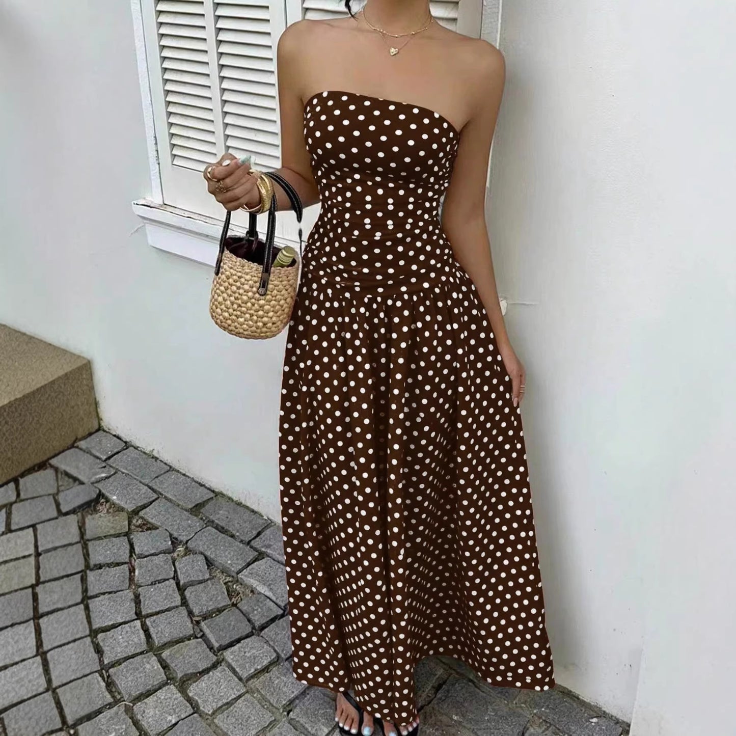 Élégante Polka-dot Robes hors-épaule Couleur unie Sans Bretelles Lady High-Wistat Party Business Beach Tenue de vacances