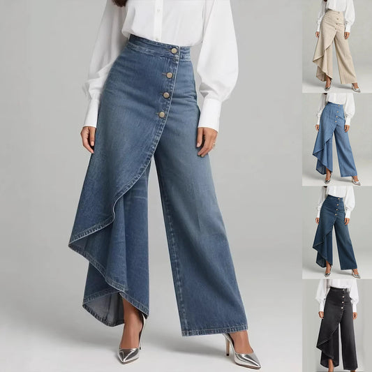 Pantalon droit Mode Grands boutons volants Pantalon Femme Faux Jeans Vêtements