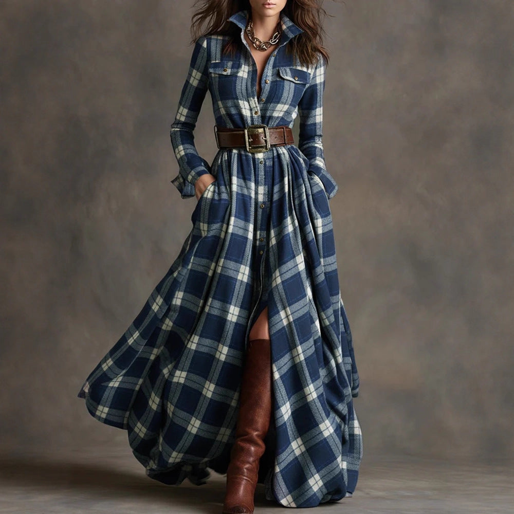 Large Size Women's Clothing French Retro Grid Slim Irregular Dress