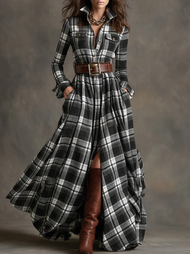 Large Size Women's Clothing French Retro Grid Slim Irregular Dress