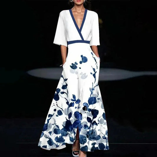 Robe maxi à fleurs avec col en V et fente, ceinturée - Robe A-line à manches courtes pour fêtes et plage pour femme