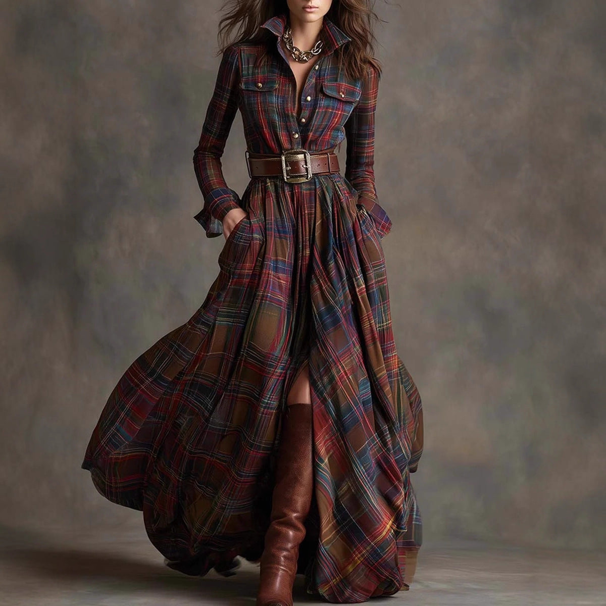 Large Size Women's Clothing French Retro Grid Slim Irregular Dress