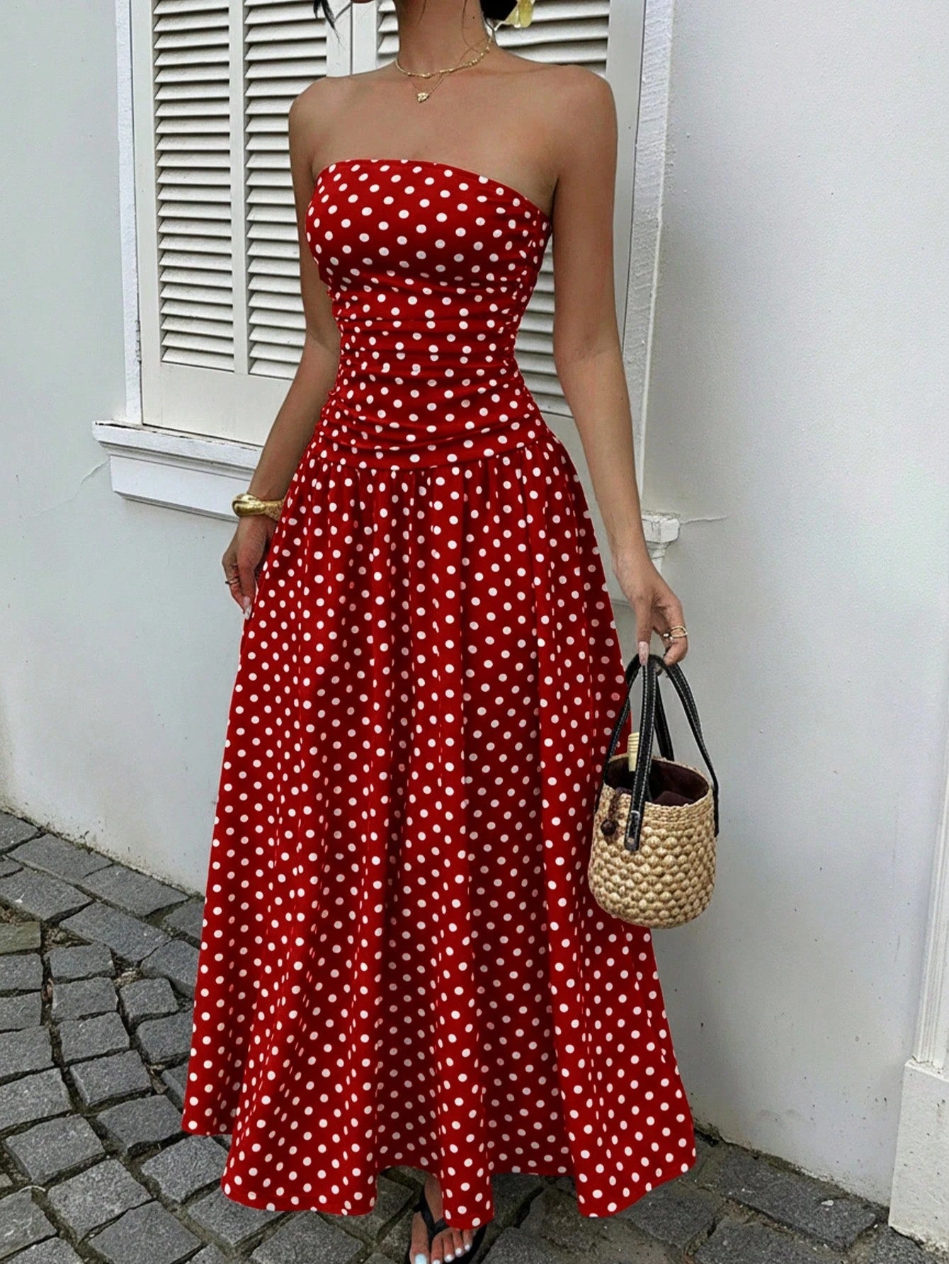 Élégante Polka-dot Robes hors-épaule Couleur unie Sans Bretelles Lady High-Wistat Party Business Beach Tenue de vacances