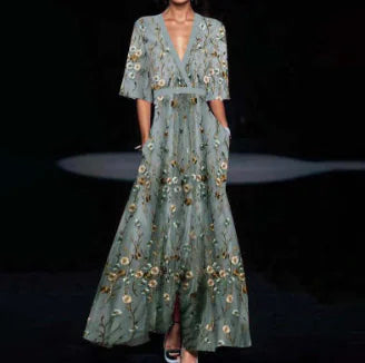 Robe maxi à fleurs avec col en V et fente, ceinturée - Robe A-line à manches courtes pour fêtes et plage pour femme